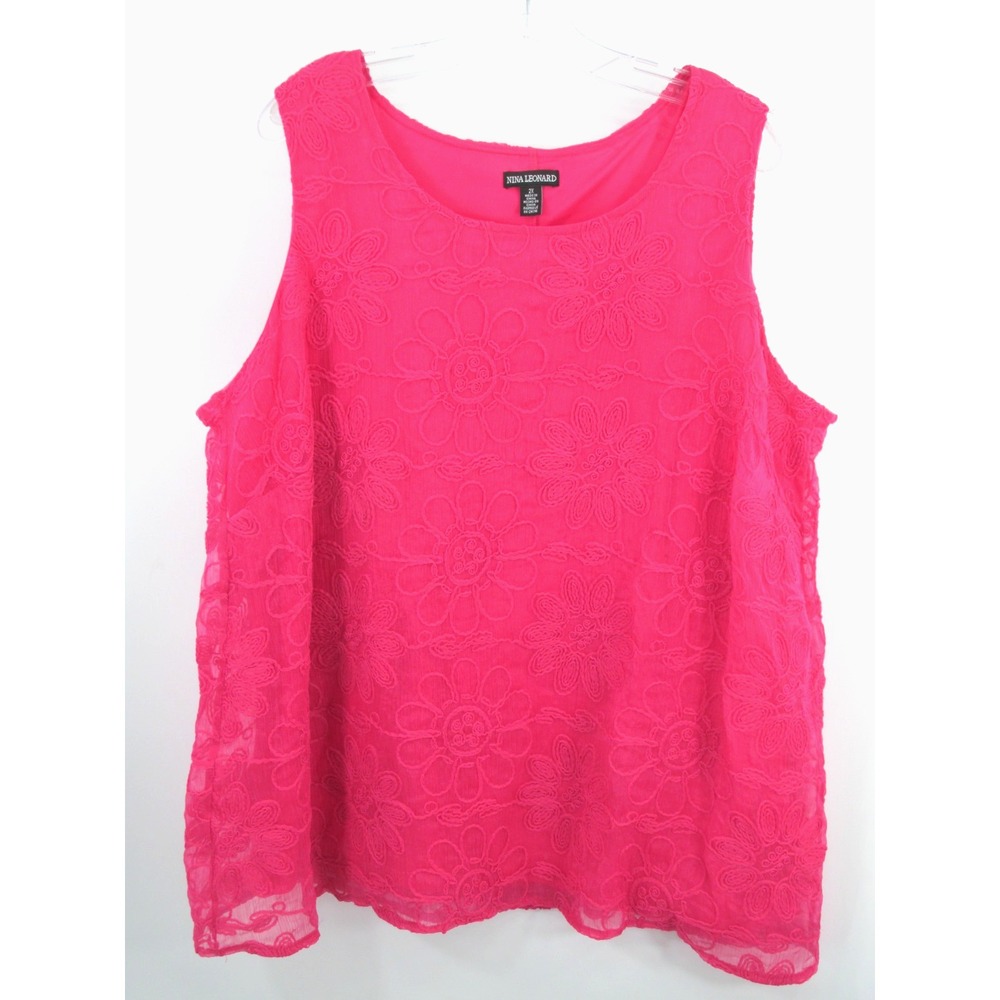 Nina Leonard Hot Pink Floral Embroidered Tunic Tank Top Womens 2X Sleeveless